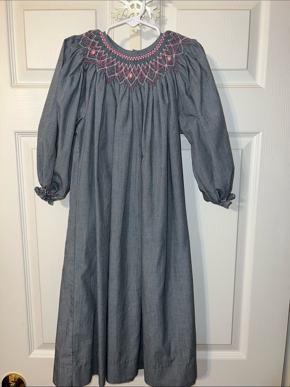 Charcoal Gray Long-Sleeve Smocked Girls Dress with Pink Embroidery